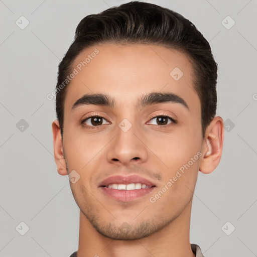 Joyful white young-adult male with short  brown hair and brown eyes