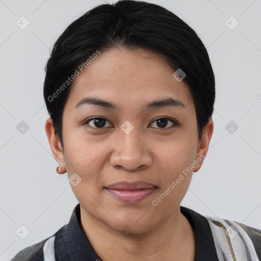 Joyful asian young-adult female with short  black hair and brown eyes