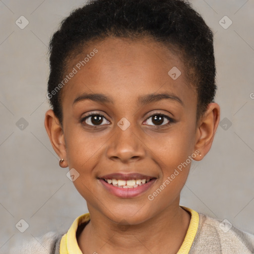 Joyful black child female with short  brown hair and brown eyes