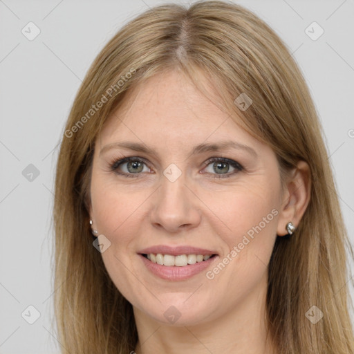 Joyful white young-adult female with long  brown hair and grey eyes