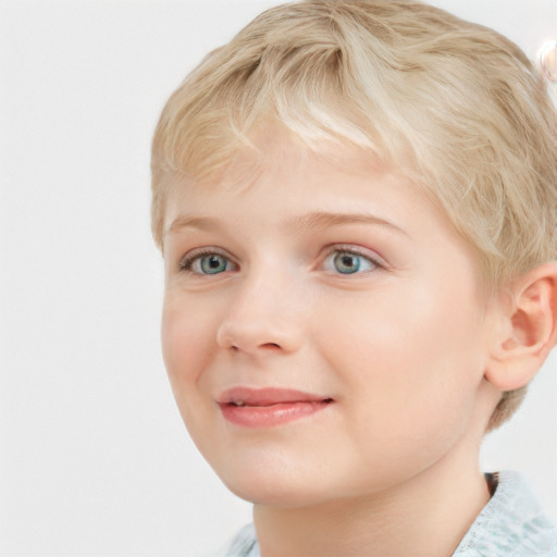 Joyful white child female with short  brown hair and blue eyes