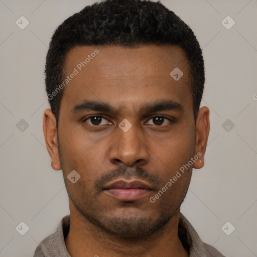 Neutral latino young-adult male with short  black hair and brown eyes