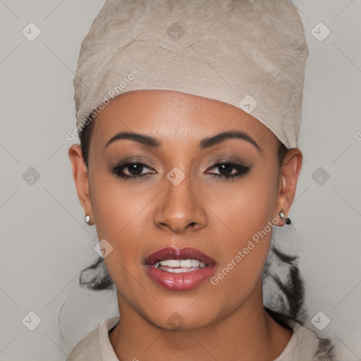 Joyful white young-adult female with short  black hair and brown eyes