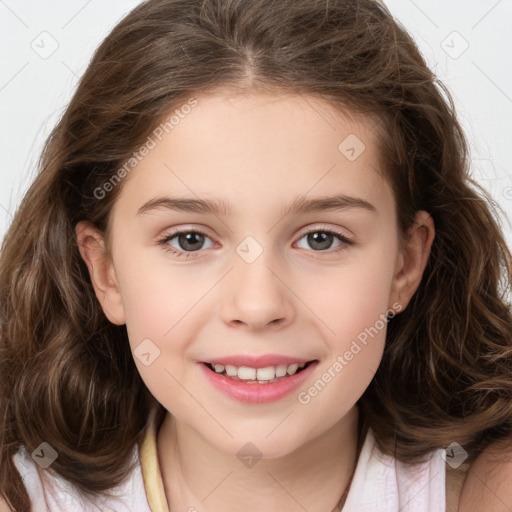 Joyful white child female with long  brown hair and brown eyes