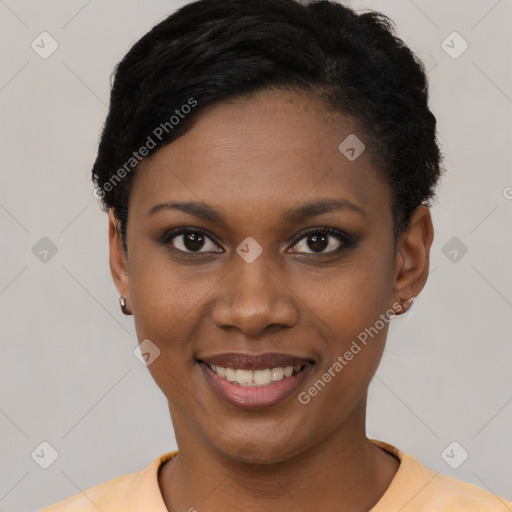 Joyful latino young-adult female with short  black hair and brown eyes