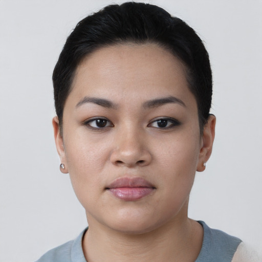 Neutral asian young-adult female with short  black hair and brown eyes
