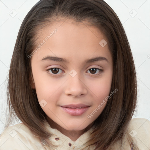 Joyful white child female with medium  brown hair and brown eyes