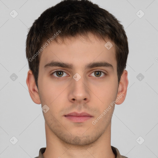 Neutral white young-adult male with short  brown hair and brown eyes