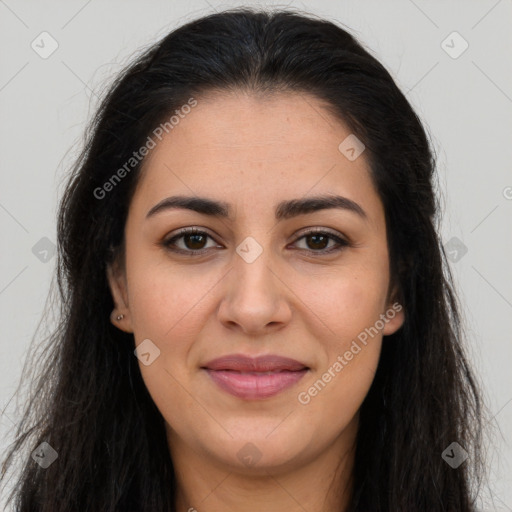 Joyful latino young-adult female with long  brown hair and brown eyes