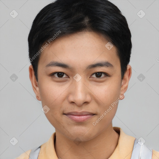 Joyful asian young-adult female with short  black hair and brown eyes