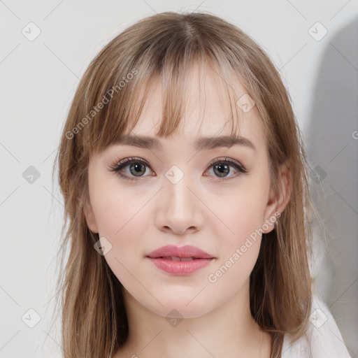 Neutral white young-adult female with medium  brown hair and grey eyes