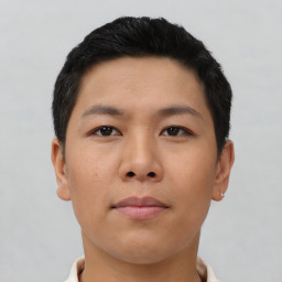 Neutral asian young-adult male with short  black hair and brown eyes