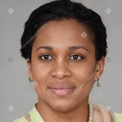 Joyful latino young-adult female with short  brown hair and brown eyes