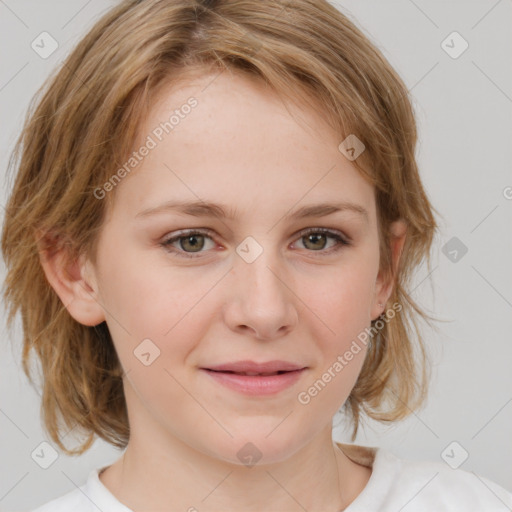 Joyful white young-adult female with medium  brown hair and blue eyes