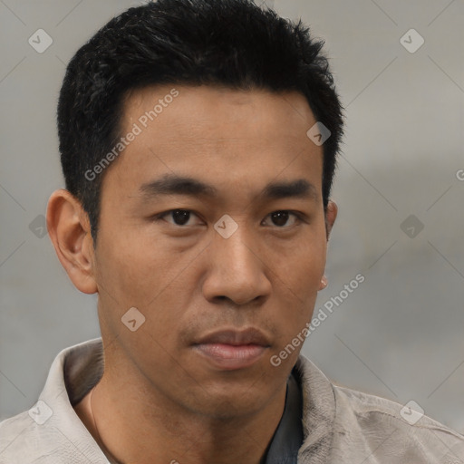 Neutral asian young-adult male with short  black hair and brown eyes