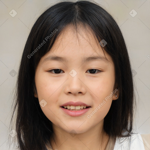 Joyful white child female with medium  brown hair and brown eyes