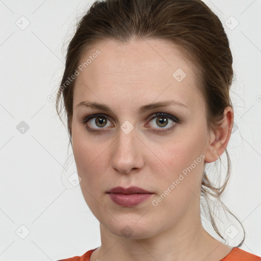 Neutral white young-adult female with medium  brown hair and grey eyes