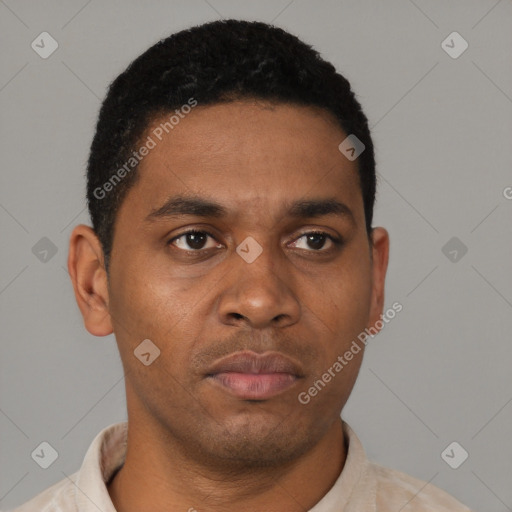 Neutral latino young-adult male with short  black hair and brown eyes