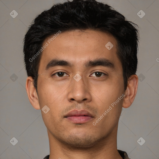 Neutral asian young-adult male with short  black hair and brown eyes