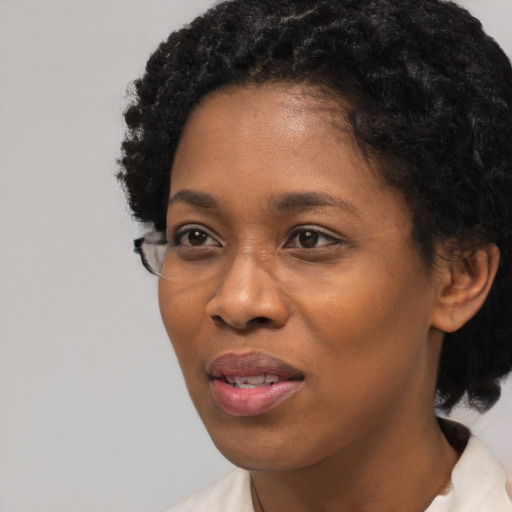 Joyful black young-adult female with short  black hair and brown eyes