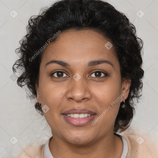 Joyful latino young-adult female with short  brown hair and brown eyes