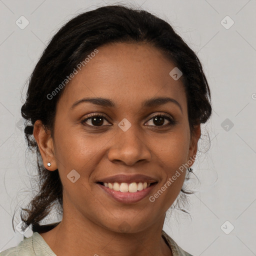 Joyful black young-adult female with medium  brown hair and brown eyes