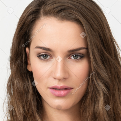 Neutral white young-adult female with long  brown hair and brown eyes