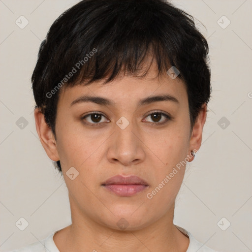 Neutral asian young-adult female with short  brown hair and brown eyes