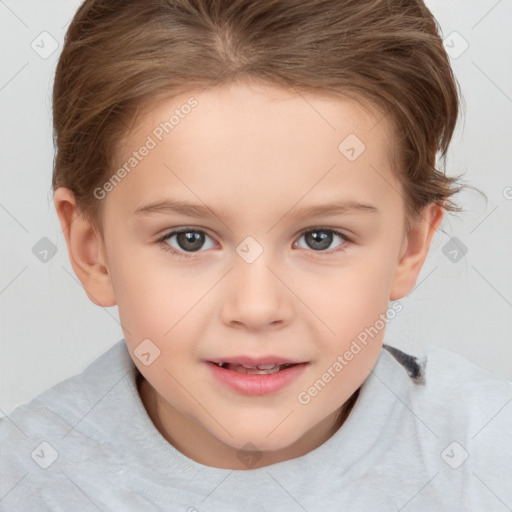 Joyful white child female with short  brown hair and brown eyes