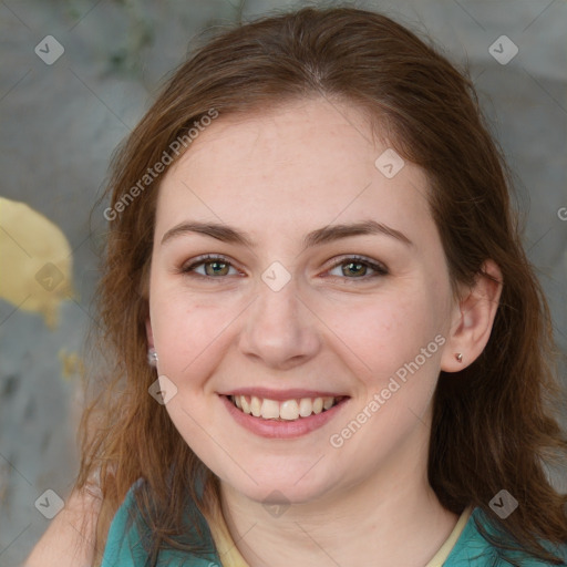 Joyful white young-adult female with medium  brown hair and green eyes