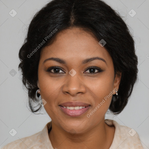 Joyful black young-adult female with medium  brown hair and brown eyes