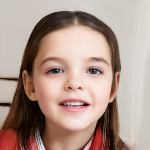 Joyful white child female with long  brown hair and brown eyes