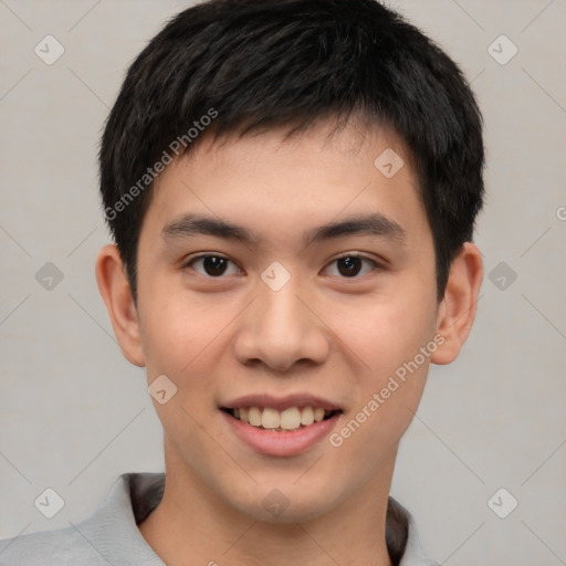 Joyful white young-adult male with short  black hair and brown eyes