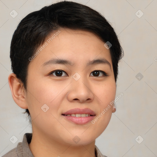 Joyful asian young-adult female with short  brown hair and brown eyes