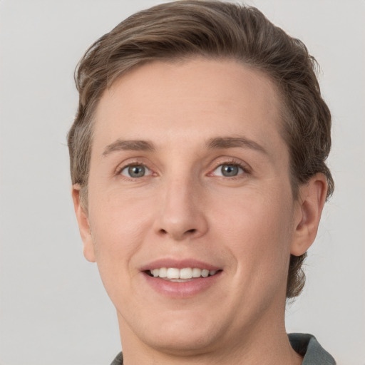 Joyful white adult male with short  brown hair and grey eyes