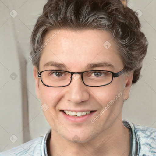 Joyful white adult male with short  brown hair and grey eyes