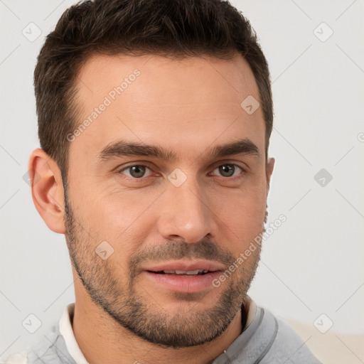 Joyful white young-adult male with short  brown hair and brown eyes