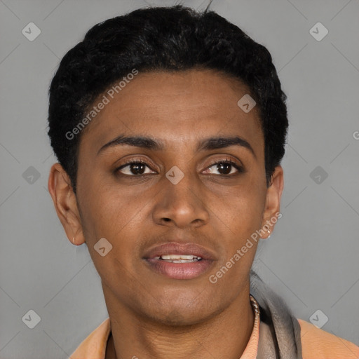 Joyful latino young-adult male with short  black hair and brown eyes