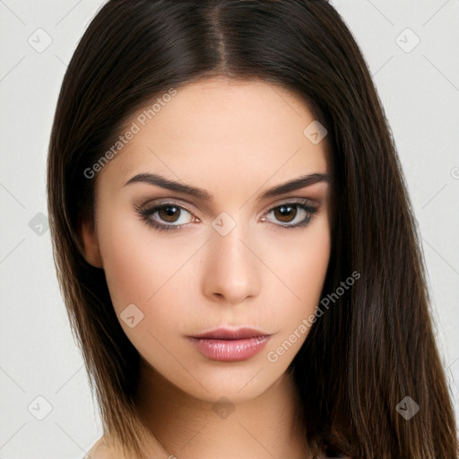 Neutral white young-adult female with long  brown hair and brown eyes