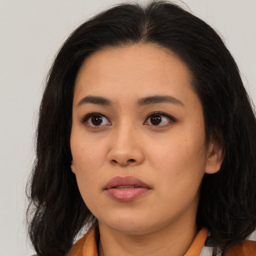 Neutral asian young-adult female with long  brown hair and brown eyes