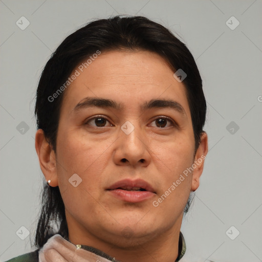 Neutral asian adult male with short  brown hair and brown eyes