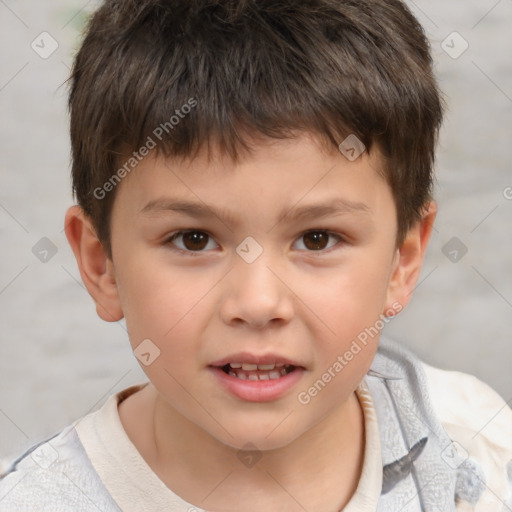 Joyful white child male with short  brown hair and brown eyes