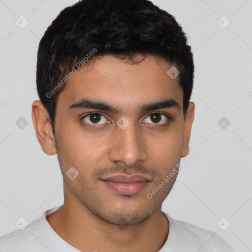 Neutral latino young-adult male with short  black hair and brown eyes