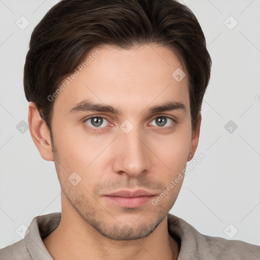 Neutral white young-adult male with short  brown hair and brown eyes