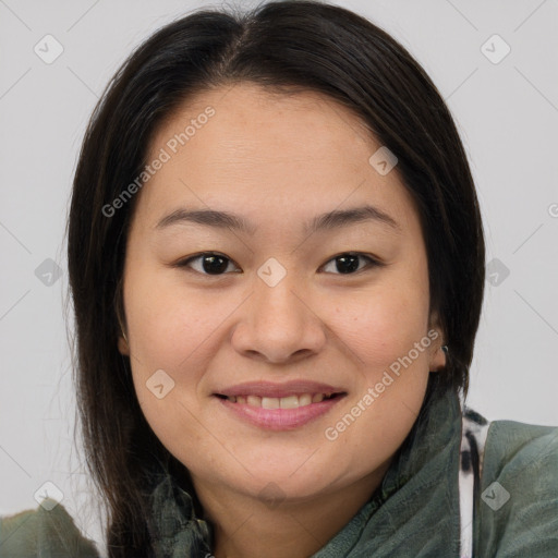 Joyful white young-adult female with medium  brown hair and brown eyes