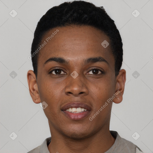 Neutral black young-adult male with short  black hair and brown eyes