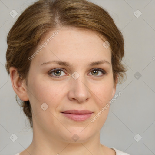 Joyful white young-adult female with medium  brown hair and green eyes