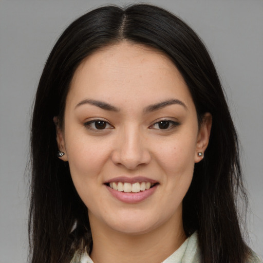 Joyful asian young-adult female with medium  brown hair and brown eyes