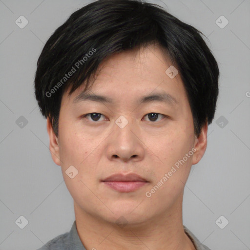 Neutral asian young-adult male with short  black hair and brown eyes