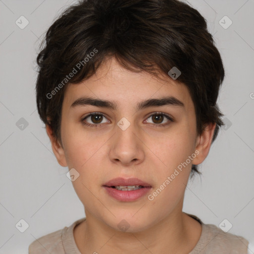 Neutral white young-adult female with short  brown hair and brown eyes